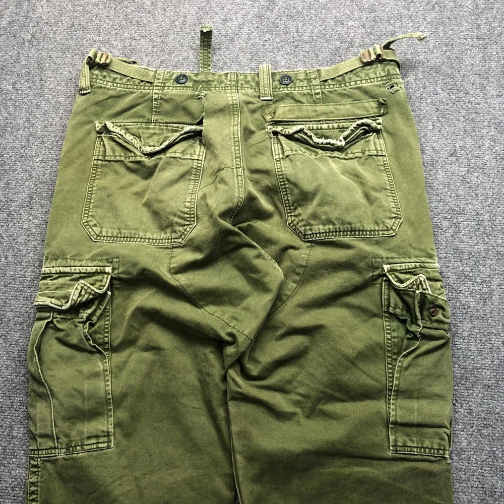 Vintage Distressed Olive Green Cargo Pants Mens Wide Leg Multi Pocket 36x27